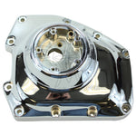 Chrome Mid-USA Cam Cover for 1999-2000 Harley-Davidson Twin Cam, featuring a circular center opening and mounting holes along the perimeter.