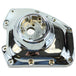 Chrome Mid-USA Cam Cover for 1999-2000 Harley-Davidson Twin Cam, featuring a circular center opening and mounting holes along the perimeter.
