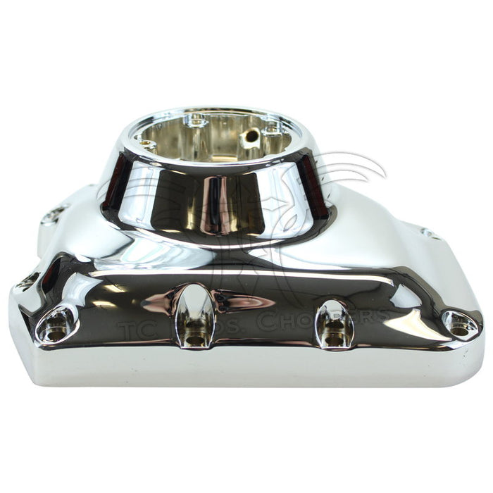 Chrome Mid-USA Cam Cover for 1999-2000 Harley-Davidson Twin Cam, featuring a circular center opening and mounting holes along the perimeter.