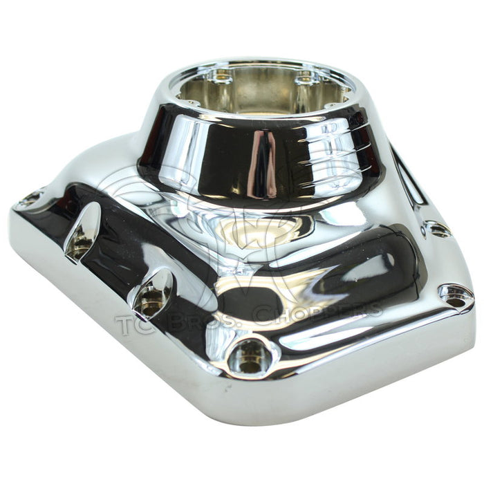 Chrome Mid-USA Cam Cover for 1999-2000 Harley-Davidson Twin Cam, featuring a circular center opening and mounting holes along the perimeter.