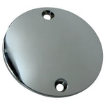 The Mid-USA Chrome Timing Cover fits 1970-2022 Harley-Davidson Big Twin and Sportster models, featuring a round, chrome design with two holes—ideal as an ignition cover upgrade.