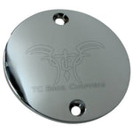 The Mid-USA Chrome Timing Cover fits 1970-2022 Harley-Davidson Big Twin and Sportster models, featuring a round, chrome design with two holes—ideal as an ignition cover upgrade.
