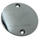 The Mid-USA Chrome Timing Cover fits 1970-2022 Harley-Davidson Big Twin and Sportster models, featuring a round, chrome design with two holes—ideal as an ignition cover upgrade.