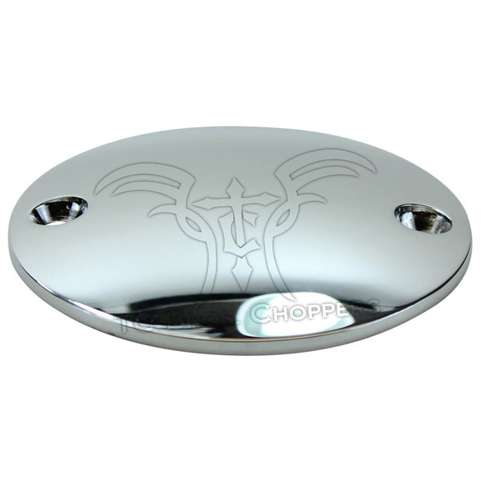 The Mid-USA Chrome Timing Cover fits 1970-2022 Harley-Davidson Big Twin and Sportster models, featuring a round, chrome design with two holes—ideal as an ignition cover upgrade.