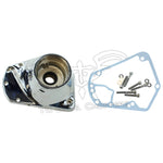 Mid-USA Cam Cover Kit for L1973-1992 Harley-Davidson Big Twin includes a chrome gear cover, gasket, bolts, washers, and O-rings—ideal for Big Twin models.