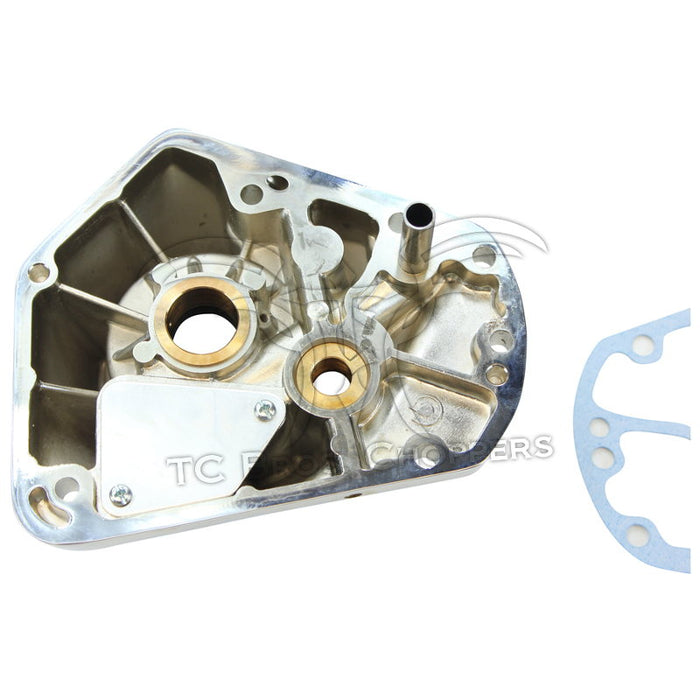 Mid-USA Cam Cover Kit for L1973-1992 Harley-Davidson Big Twin includes a chrome gear cover, gasket, bolts, washers, and O-rings—ideal for Big Twin models.