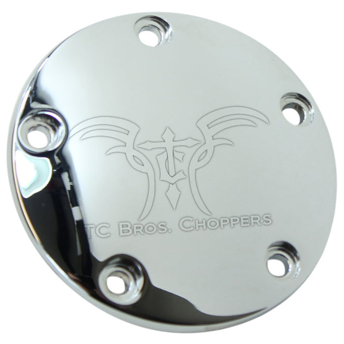 The Mid-USA Chrome Timing Cover fits 1999-2017 Harley-Davidson Big Twin models, featuring a shiny, round design with four screw holes and is crafted from durable chrome-finished billet aluminum.