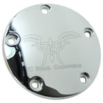 The Mid-USA Chrome Timing Cover fits 1999-2017 Harley-Davidson Big Twin models, featuring a shiny, round design with four screw holes and is crafted from durable chrome-finished billet aluminum.