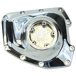 Mid-USA Cam Cover for 2001-2017 Harley-Davidson Twin Cam, chrome finish with multiple bolt holes, shown on a white background.