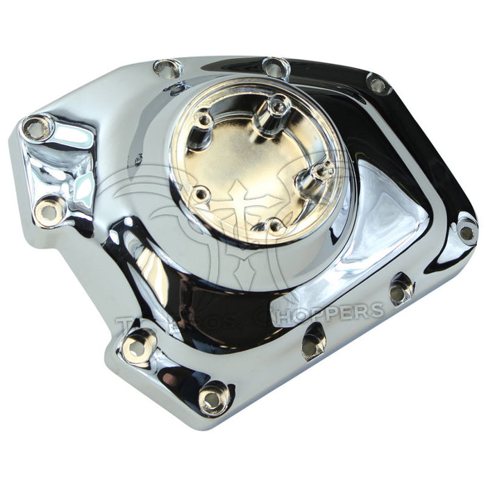 Mid-USA Cam Cover for 2001-2017 Harley-Davidson Twin Cam, chrome finish with multiple bolt holes, shown on a white background.
