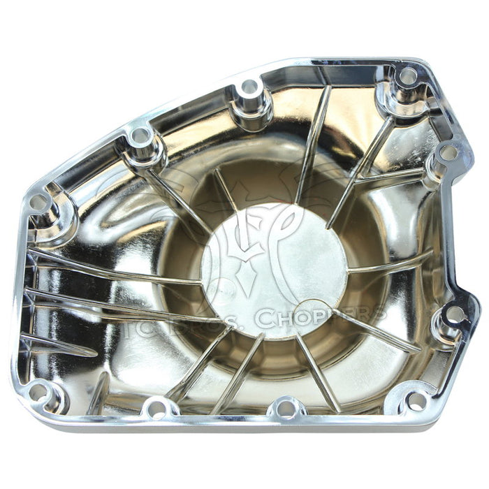 Mid-USA Cam Cover for 2001-2017 Harley-Davidson Twin Cam, chrome finish with multiple bolt holes, shown on a white background.