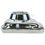 Mid-USA Cam Cover for 2001-2017 Harley-Davidson Twin Cam, chrome finish with multiple bolt holes, shown on a white background.