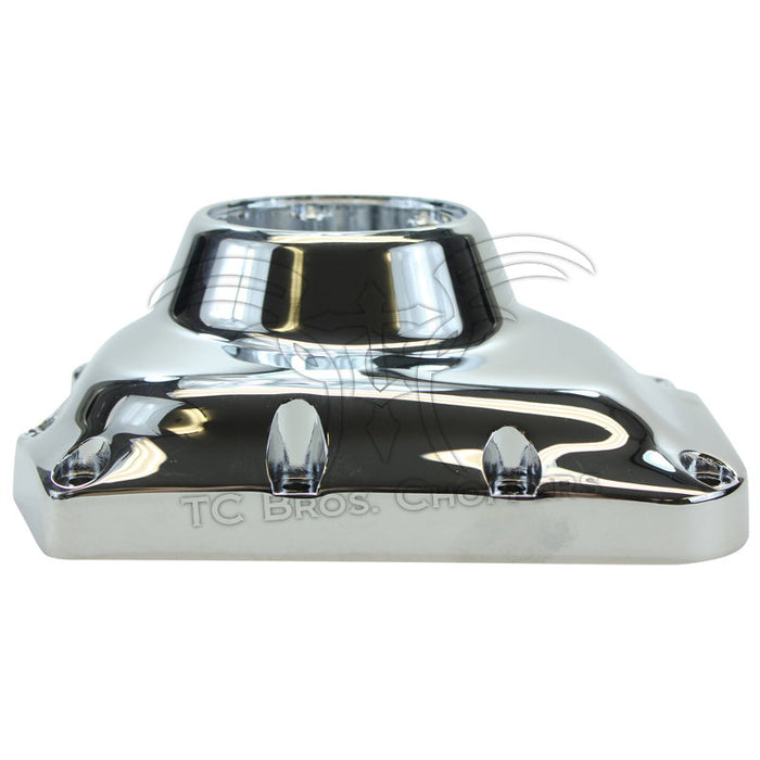 Mid-USA Cam Cover for 2001-2017 Harley-Davidson Twin Cam, chrome finish with multiple bolt holes, shown on a white background.