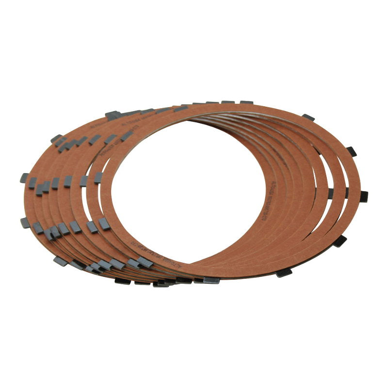 A stack of Alto Clutch Friction Discs for 1971 to E1984 Harley-Davidson Sportster, featuring brown discs with black rectangular tabs arranged in an overlapping circular pattern, by Alto Products.