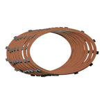 A stack of Alto Clutch Friction Discs for 1971 to E1984 Harley-Davidson Sportster, featuring brown discs with black rectangular tabs arranged in an overlapping circular pattern, by Alto Products.