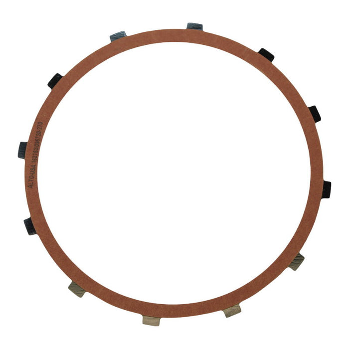 A stack of Alto Clutch Friction Discs for 1971 to E1984 Harley-Davidson Sportster, featuring brown discs with black rectangular tabs arranged in an overlapping circular pattern, by Alto Products.