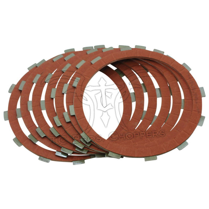 A set of Alto Clutch Friction Discs for L1984-1990 Harley-Davidson Sportster, by Alto Products, is arranged in a slightly fanned-out formation to showcase the components of a wet clutch system.