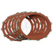 A set of Alto Clutch Friction Discs for L1984-1990 Harley-Davidson Sportster, by Alto Products, is arranged in a slightly fanned-out formation to showcase the components of a wet clutch system.