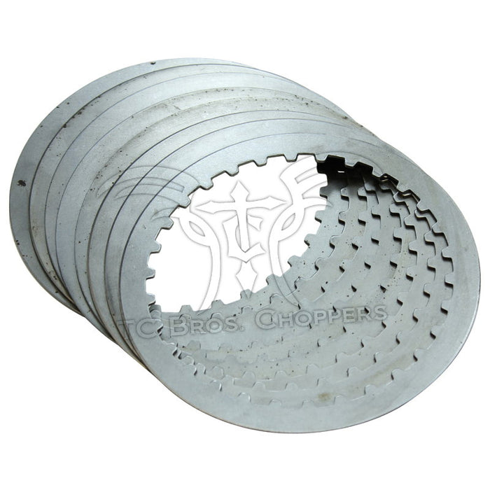 A stack of Alto Products Clutch Steel Drive Plates for 1990-1997 Harley-Davidson Big Twin and 1991-2022 Sportster, round with notched edges, laid on a white background.