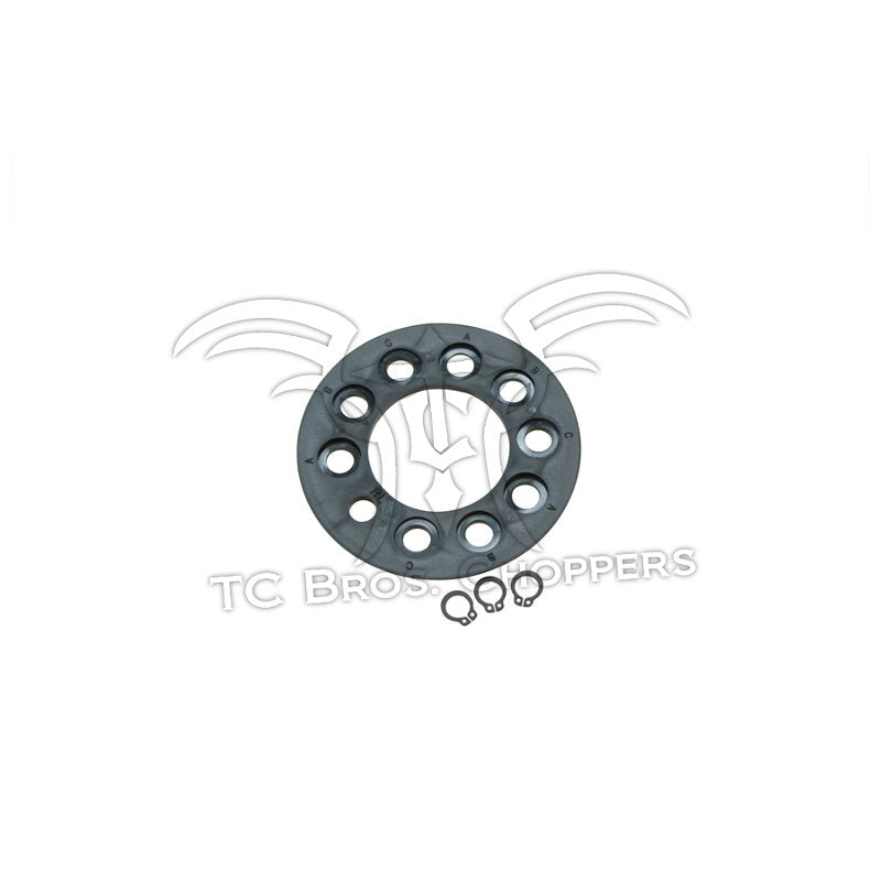 The Mid-USA Clutch Hub Basket Retainer Kit for 1941-E1984 Harley-Davidson Big Twin features a circular metal part with multiple holes and two small clips—ideal for clutch upgrades or basket retainer kit replacements.