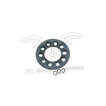 The Mid-USA Clutch Hub Basket Retainer Kit for 1941-E1984 Harley-Davidson Big Twin features a circular metal part with multiple holes and two small clips—ideal for clutch upgrades or basket retainer kit replacements.