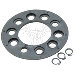 The Mid-USA Clutch Hub Basket Retainer Kit for 1941-E1984 Harley-Davidson Big Twin features a circular metal part with multiple holes and two small clips—ideal for clutch upgrades or basket retainer kit replacements.