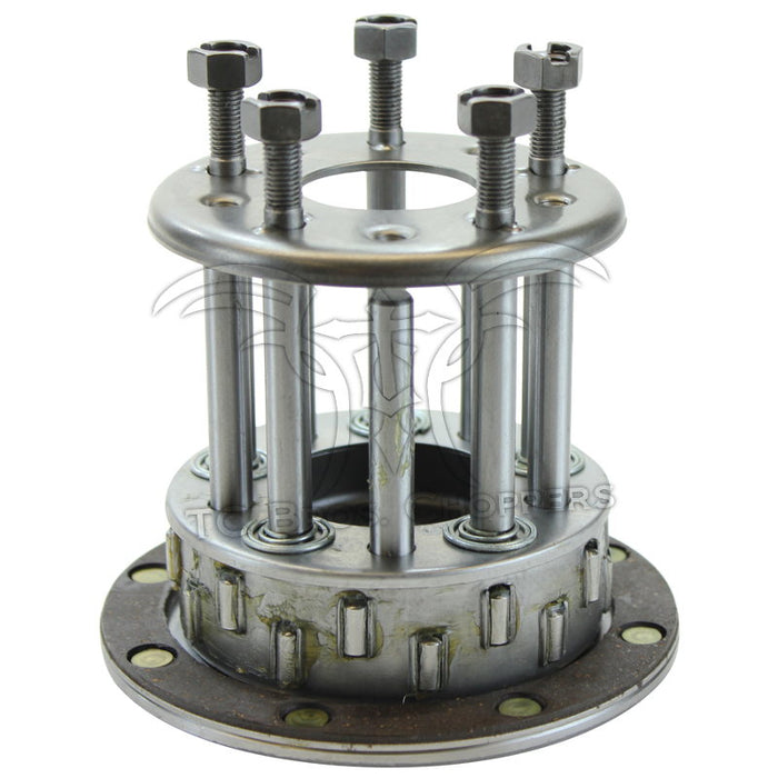The Mid-USA Clutch Hub Assembly for 1941 to E1984 Harley-Davidson Big Twin is a metal automotive part with six bolts, cylindrical rods, and a circular base, designed specifically for Big Twin models.
