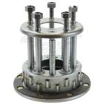 The Mid-USA Clutch Hub Assembly for 1941 to E1984 Harley-Davidson Big Twin is a metal automotive part with six bolts, cylindrical rods, and a circular base, designed specifically for Big Twin models.