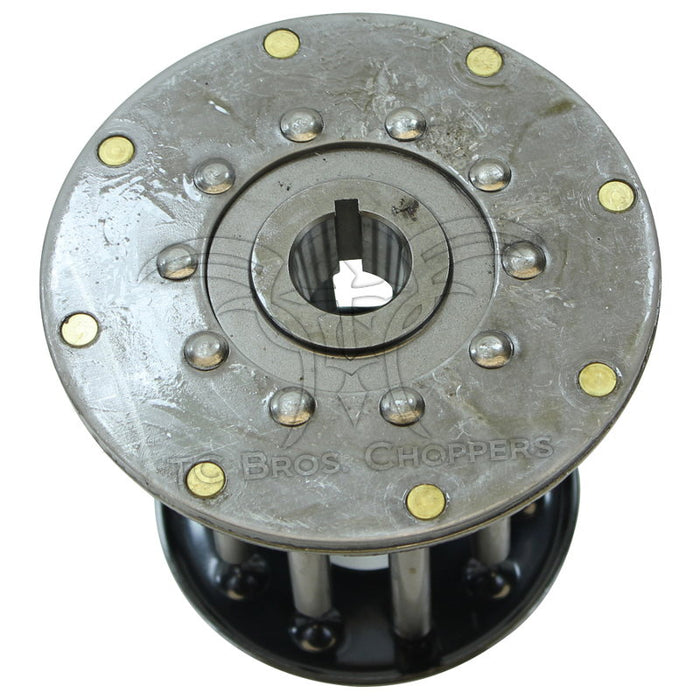 The Mid-USA Clutch Hub Assembly for 1941 to E1984 Harley-Davidson Big Twin is a metal automotive part with six bolts, cylindrical rods, and a circular base, designed specifically for Big Twin models.