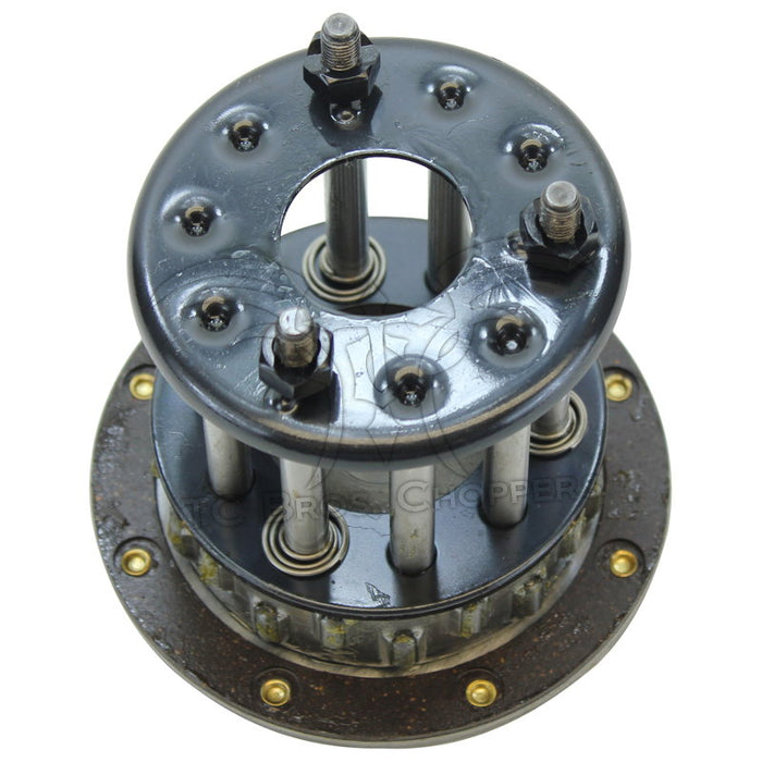 The Mid-USA Clutch Hub Assembly for 1941 to E1984 Harley-Davidson Big Twin is a metal automotive part with six bolts, cylindrical rods, and a circular base, designed specifically for Big Twin models.