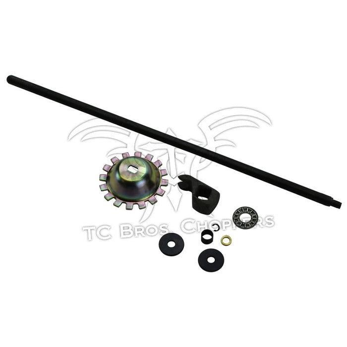 Mid-USA Throw Out Bearing and Pushrod Kit for 1975-E1984 Harley-Davidson Big Twin by Mid-USA, featuring shaft, notched gear, bracket, washers, throw out bearing, and hardware, all displayed on a white background.