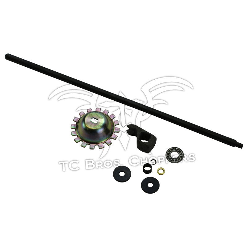 Mid-USA Throw Out Bearing and Pushrod Kit for 1975-E1984 Harley-Davidson Big Twin by Mid-USA, featuring shaft, notched gear, bracket, washers, throw out bearing, and hardware, all displayed on a white background.