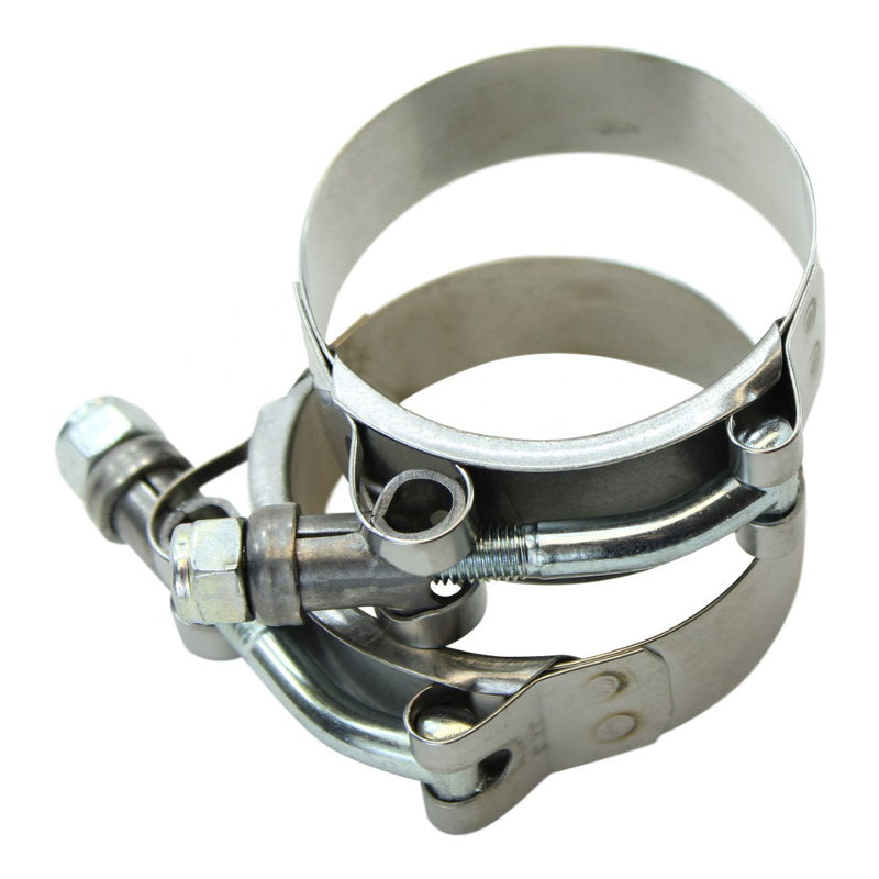 A pair of Mid-USA Stainless Exhaust Manifold Clamps for Harley Panhead 1948/1965 HD# 27063-57 (PAIR) on a white background.