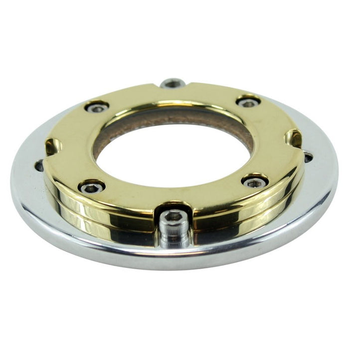 Two circular metal mounting plates with a black and a gold inner ring, each with screws and a central opening, shown on a white background—ideal as the LC Fabrications Porthole Points Cover for Harley-Davidson 1970-2022.