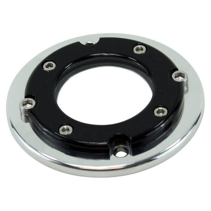 Two circular metal mounting plates with a black and a gold inner ring, each with screws and a central opening, shown on a white background—ideal as the LC Fabrications Porthole Points Cover for Harley-Davidson 1970-2022.