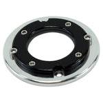 Two circular metal mounting plates with a black and a gold inner ring, each with screws and a central opening, shown on a white background—ideal as the LC Fabrications Porthole Points Cover for Harley-Davidson 1970-2022.