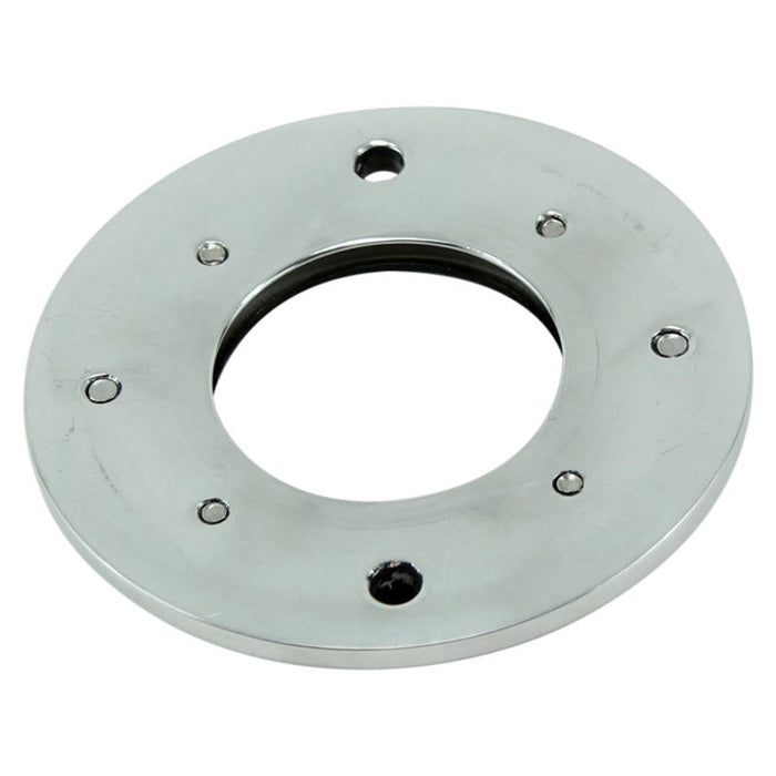 Two circular metal mounting plates with a black and a gold inner ring, each with screws and a central opening, shown on a white background—ideal as the LC Fabrications Porthole Points Cover for Harley-Davidson 1970-2022.