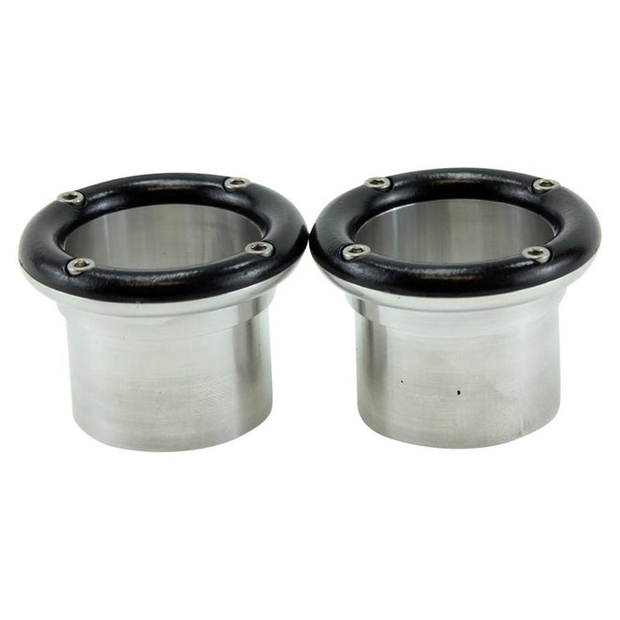 Two LC Fabrications 1-3/4" Exhaust Tips, featuring black circular tops, screw details, and a high-temp powder coat finish, are positioned side by side on a white background.