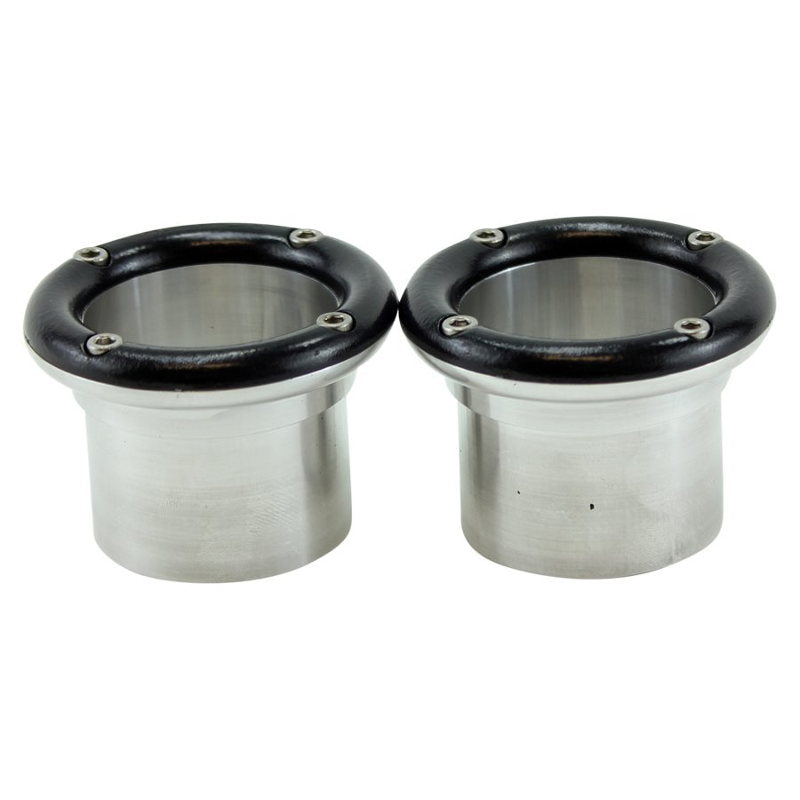 Two LC Fabrications 1-3/4" Exhaust Tips, featuring black circular tops, screw details, and a high-temp powder coat finish, are positioned side by side on a white background.