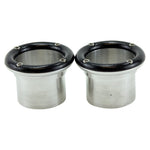 Two LC Fabrications 1-3/4" Exhaust Tips, featuring black circular tops, screw details, and a high-temp powder coat finish, are positioned side by side on a white background.