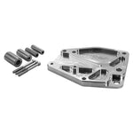 Two TC Bros. Billet Sprocket/Pulley Covers for Harley-Davidson Sportster 1986-2003, in black and silver finishes, are displayed with hardware; one image shows a cover installed on a Sportster engine.