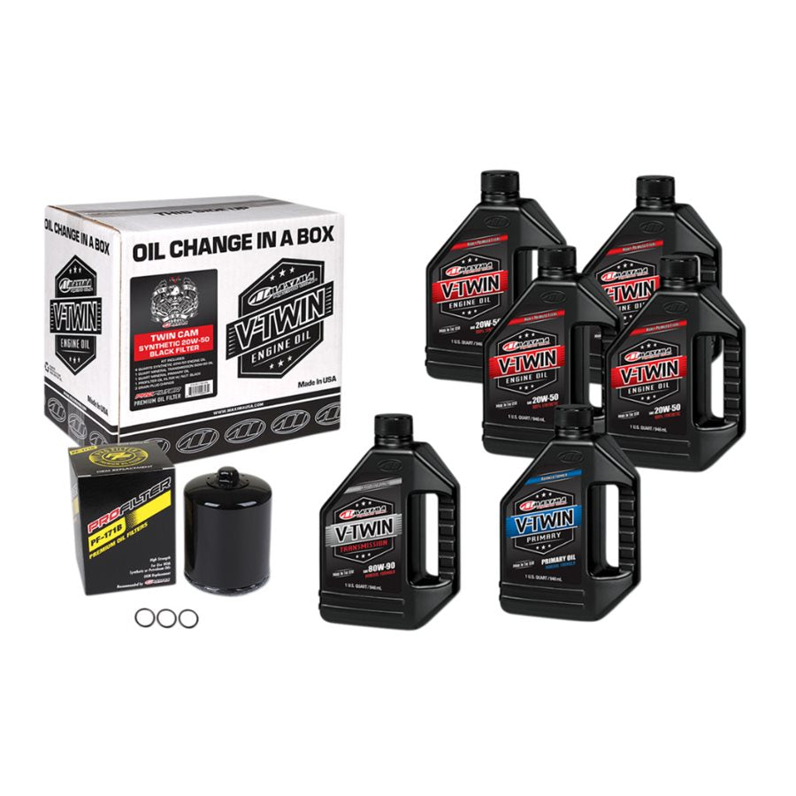 A set of Maxima V-Twin Complete Oil Change Kit For Harley Twin Cam 1999-2017, filters, and a box of oil change kit.