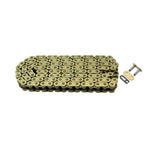 The TC Bros. 120 Link Plain 530 Heavy Duty Motorcycle Chain is shown in both gold and silver with connecting links, labeled "PLAIN"—a durable example from TC Bros. for motorcycles.