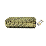 The TC Bros. 120 Link Plain 530 Heavy Duty Motorcycle Chain is shown in both gold and silver with connecting links, labeled "PLAIN"—a durable example from TC Bros. for motorcycles.