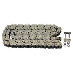 The TC Bros. 120 Link X-Ring 530 Heavy Duty Motorcycle Chain - Natural, shown flat with a master link and four black O-rings, is ideal for motorcycles or machinery and offered by TC Bros.