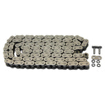 The TC Bros. 120 Link X-Ring 530 Heavy Duty Motorcycle Chain - Natural, shown flat with a master link and four black O-rings, is ideal for motorcycles or machinery and offered by TC Bros.