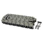 The TC Bros. 120 Link X-Ring 530 Heavy Duty Motorcycle Chain - Natural, shown flat with a master link and four black O-rings, is ideal for motorcycles or machinery and offered by TC Bros.