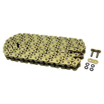 The TC Bros. 120 Link X-Ring 530 Heavy Duty Motorcycle Chain in gold, by TC Bros., is coiled neatly and includes two connecting links plus four O-rings, all shown on a white background.