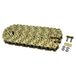 The TC Bros. 120 Link X-Ring 530 Heavy Duty Motorcycle Chain in gold, by TC Bros., is coiled neatly and includes two connecting links plus four O-rings, all shown on a white background.