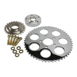 The TC Bros. Belt-to-Chain Conversion Kit for 2006-2017 Harley-Davidson Dyna (Chrome) includes metal sprockets, washers, bolts, and a spacer—ideal for your belt-to-chain conversion project.
